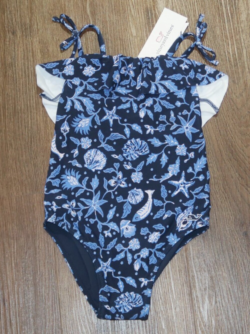 NWT Girls Vineyard Vines Navy Blue White Ruffled One Piece Swimsuit Shells sz 4T